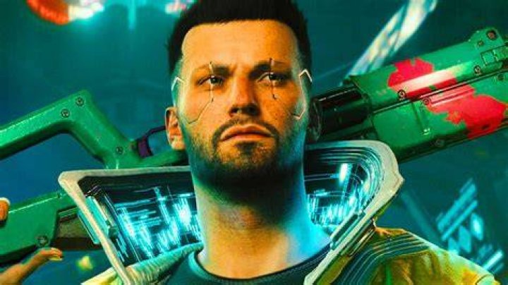 Cyberpunk 2077: V holding a pistol while sitting on a metro car.