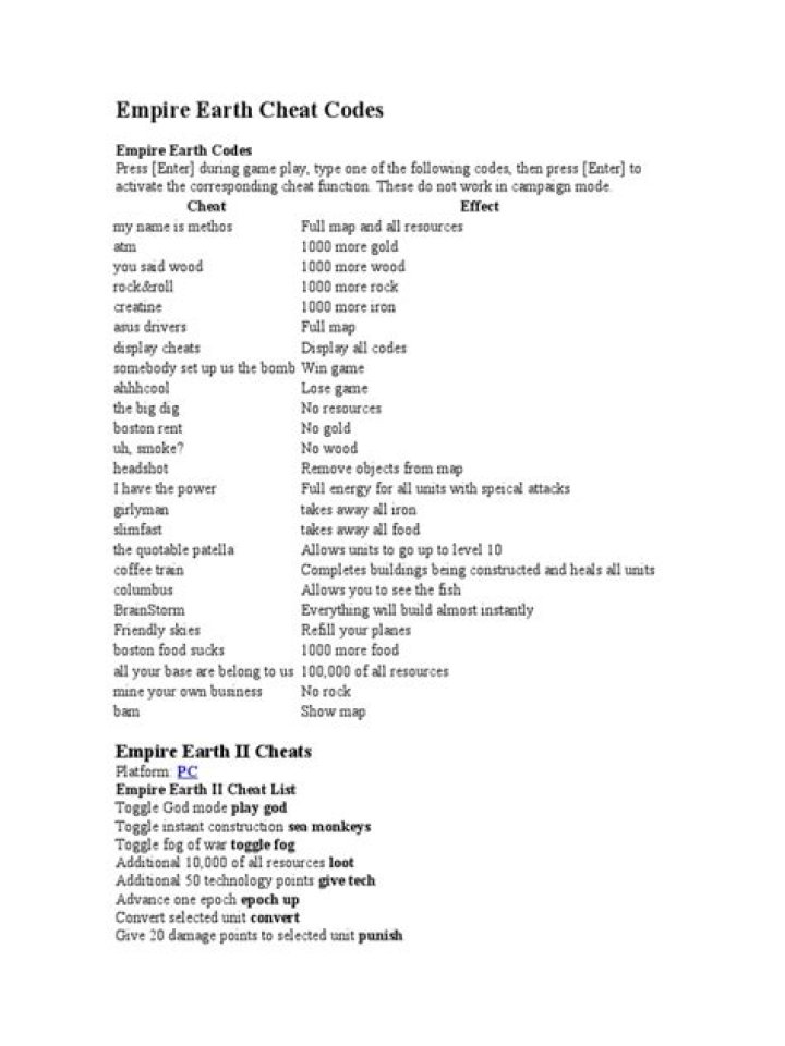 Empire Earth 2 PC Cheats