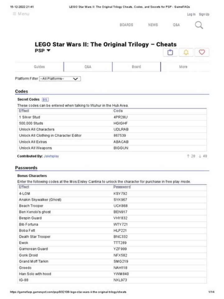 Lego Star Wars II PC Cheats