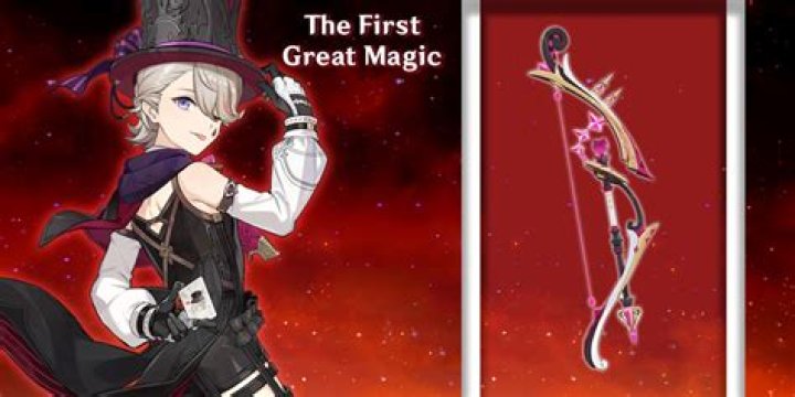 Lyney equipped with The First Great Magic on the Genshin Impact Character Weapon screen.