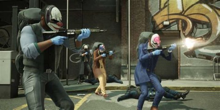 Payday 3: bank robbers firing guns off-screen.