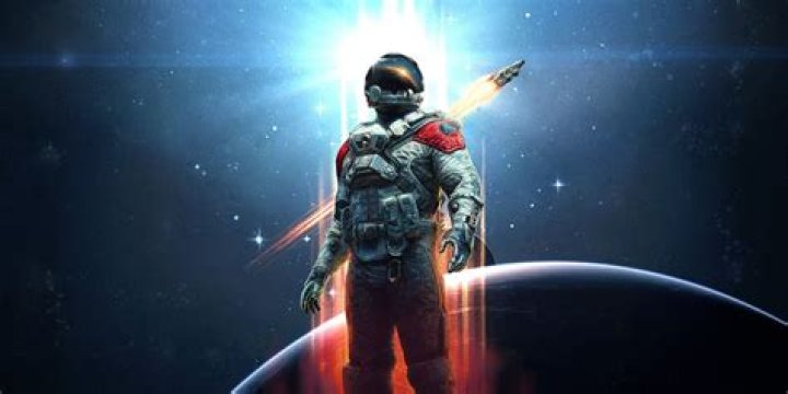 Starfield: an astronaut stood on a space-y background as a ship flies past them in the background.